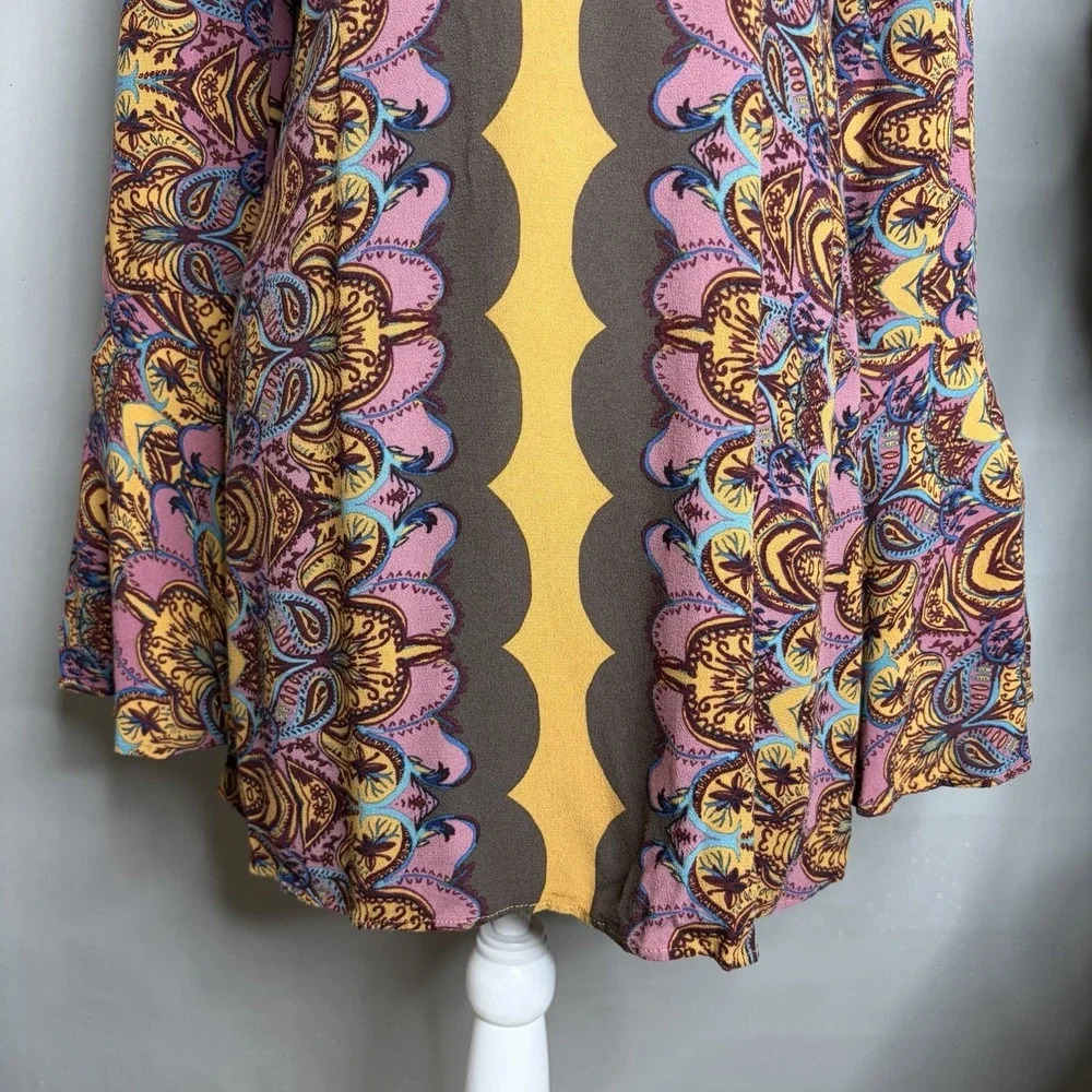 Free People Ossie Vibes Tunic Dress 10 Purple Brown Floral Bell Sleeve Mod Mini